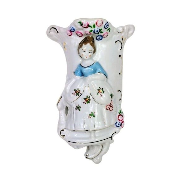 VTG 40s Hand Painted  Porcelain Victorian Lady & Flowers Pocket Wall Vase Japan - Picture 3 of 11